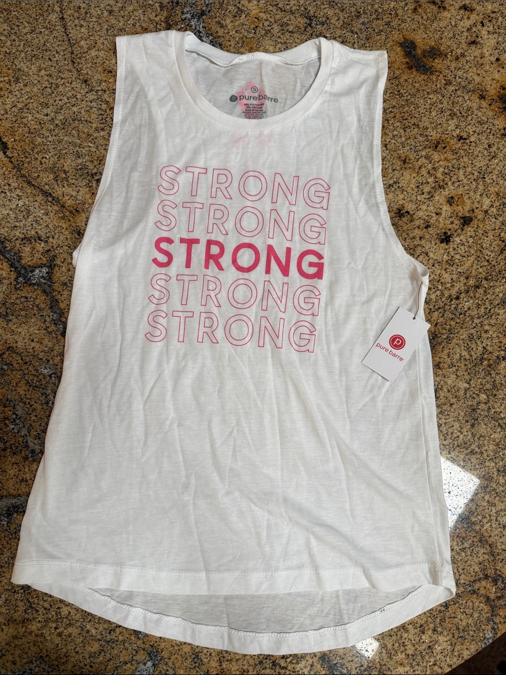 Pure Barre White Muscle Tank with Pink STRONG Graphic